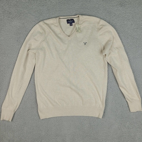 American Eagle Outfitters Sweater Mens Large Beige Knit V-Neck Sweatshirt - Picture 1 of 12